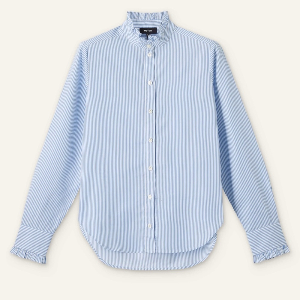 ME+EM Light Blue Pinstripe Ruffle-Trim Stand Collar Shirt